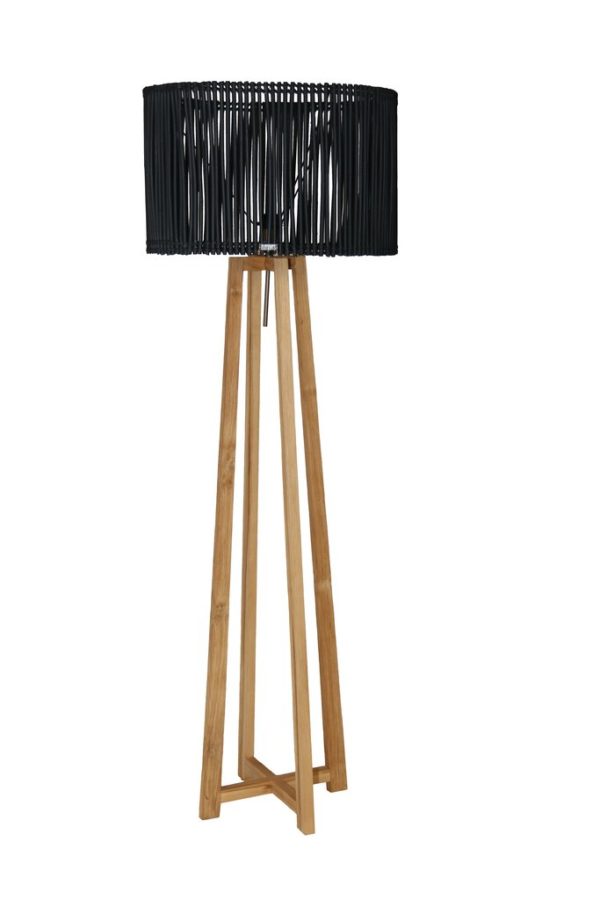 Expressionsmetis Home Decor Furniture Lighting Wooden Teak Floor Lamp Stand Rattan Shade Black