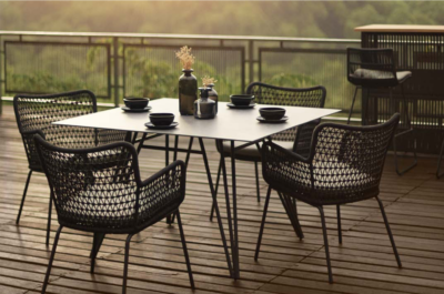 Expressionsmetis Outdoor Furniture Black Ceramic Square Dining Table Rope Woven Chair Metal Frame Legs