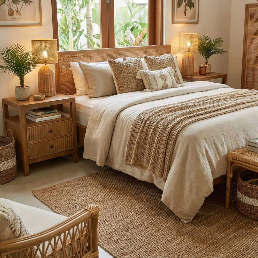 Bali style bedroom with rattan and teak furniture in Mauritius