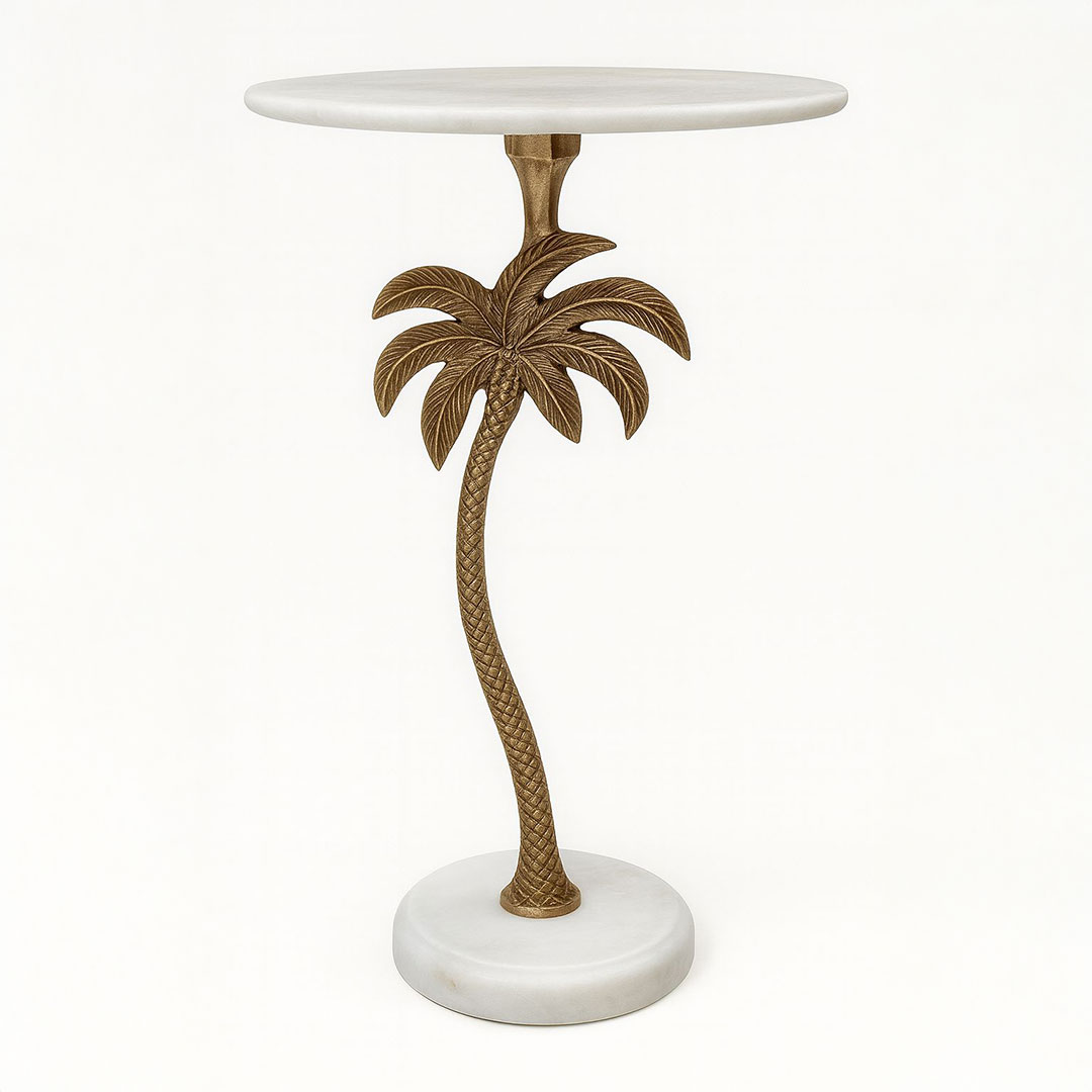 Bali style palm tree side table in gold finish, available in Mauritius